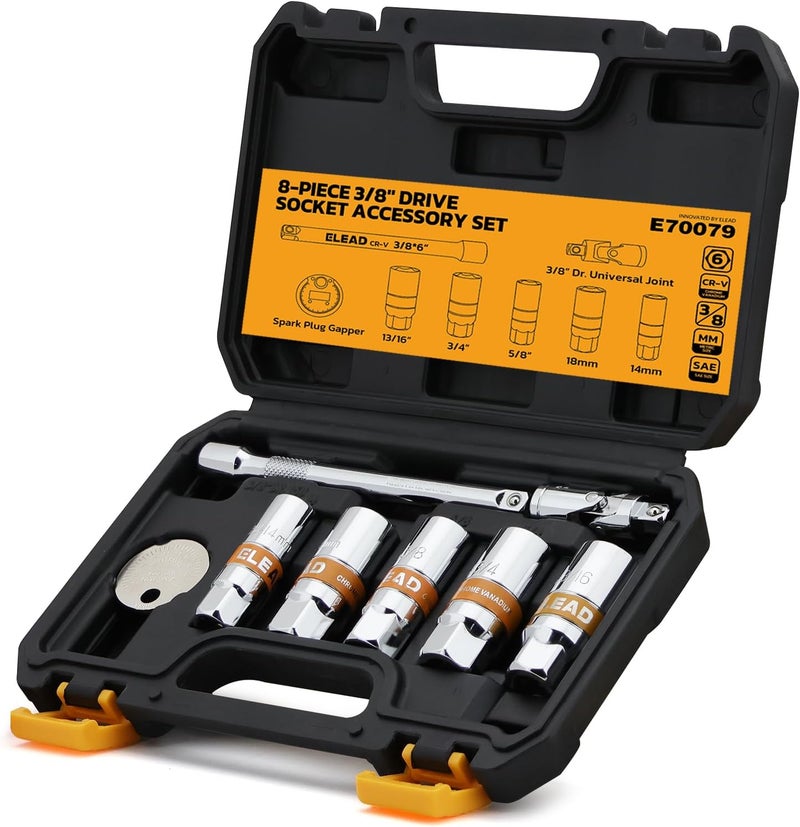 ELEAD 8-Piece 3/8" Drive Spark Plug Socket Set with Universal Joint, Spark Plug Gapper and 6" Extension Bar, SAE & Metric, 5/8", 3/4", 13/16", 14mm, 18mm, CR-V Sockets with Rubber Holding Rings - Image 1